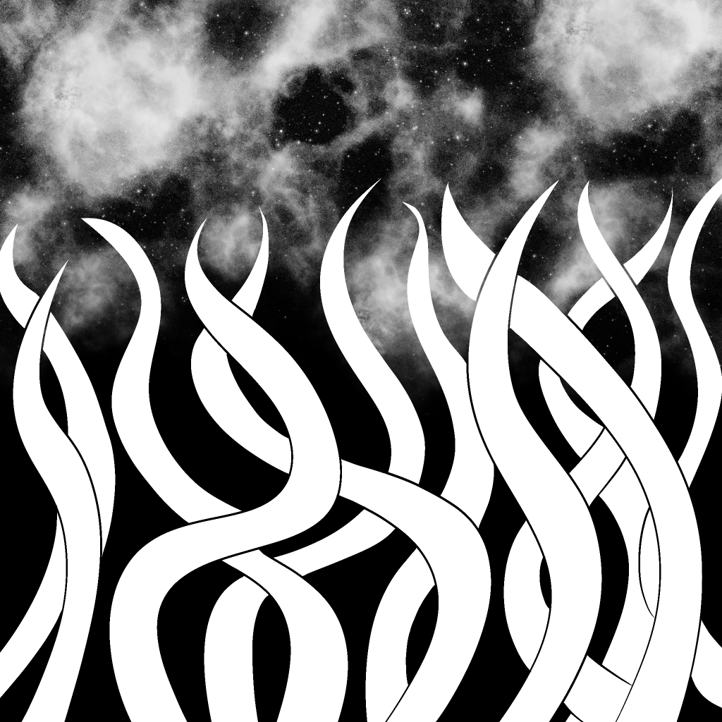 White tentacles on a black background, with a starfield and space gases along the top of the image. The tentacles are wrapping around each other and reaching towards the stars.